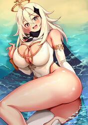 1girls aged_up alternate_breast_size alternate_version_available anime_style ass big_ass big_breasts bikini blush cleavage cleavage_cutout curvy_figure eye_contact female foxy_rain_(foxyreine) foxyrain_(foxyreine) foxyreine genshin_impact grey_eyes large_breasts long_hair looking_at_viewer one-piece_swimsuit paimon_(genshin_impact) shiny_skin swimsuit thick_ass thick_thighs thighs white_hair