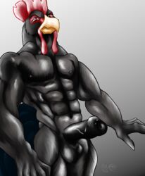 2020 5_fingers abs alternate_version_at_source angry anthro avian ball_tuft biceps big_abs big_balls big_biceps big_pecs black_balls black_feathers black_nipples black_penis black_theme blue_feathers cheek_tuft chicken digital_painting erect eyebrows front_view frown glare gradient_background grey_background humanoid_hands humanoid_penis light looking_at_viewer looking_down male male_chicken male_only manly muscular_male nude pecs penis_vein presenting_penis quads red_eyes serratus serratus_anterior shaded signature simple_background solo standing stern stern_expression thebigblackcod thick_penis three-quarter_portrait three-quarter_view triceps two_tone_feathers uncut yellow_beak