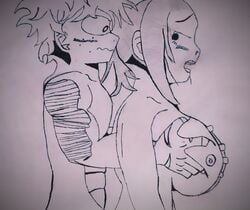 big_breasts black_and_white black_eyes black_hair breast_grab breasts female groping groping_from_behind izuku_midoriya male momo_yaoyorozu muscular muscular_male my_hero_academia scar shy unsure wavy_mouth