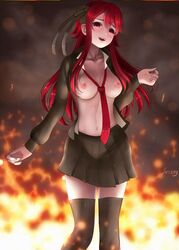 1girls animated black_legwear breasts female fire glowing glowing_eye hair_ribbon huge_filesize long_hair looking_at_viewer loose_necktie miniskirt necktie nipples open_clothes open_mouth open_shirt original red_eyes red_hair ribbon school_uniform skirt solo svikey thighhighs