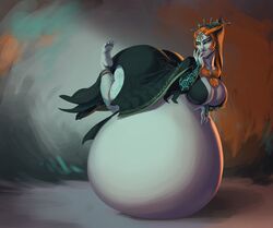 0pik-0ort 1girls barefoot big_breasts cleavage female female_only grey_skin hand_on_belly hoodie huge_ass huge_belly hyper hyper_belly licking_lips midna orange_hair solo tagme the_legend_of_zelda twili_midna twilight_princess vore vore_belly