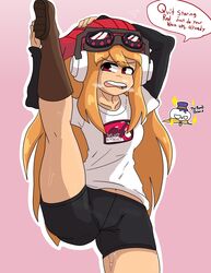 beanie_hat bike_shorts egirl female female_only freckles fully_clothed headphones heavy_breathing human_meggy leg_up long_hair meggy_spletzer open_mouth orange_hair smg4 solo standing_on_one_leg stretching sweat thebombbeanie youtube youtuber