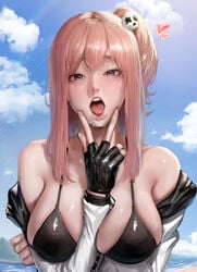 1girls absurdres big_breasts breasts cleavage cunnilingus_gesture dead_or_alive dead_or_alive_xtreme_beach_volleyball drool drooling female female_only fingerless_gloves highres honoka_(doa) jacket kidmo large_breasts looking_at_viewer open_jacket open_mouth saliva solo solo_female tongue tongue_out v