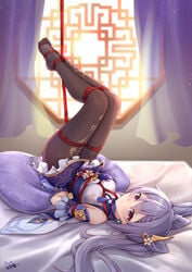 bed bondage bound bound_arms feet genshin_impact keqing_(genshin_impact) neko no_shoes pantyhose purple_hair rope tied_up twintails yiduan_zhu