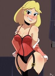 1girls big_breasts black_eyes blonde_hair blush breasts bustier corset dalley_le_alpha eyeshadow female garter_straps grin half-closed_eyes lingerie lipstick nickelodeon panties rita_loud smile solo straight_hair the_loud_house thick_thighs wide_hips