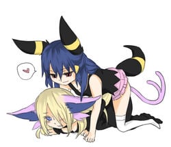 2girls blonde_hair blue_hair cosplay cynthia_(pokemon) dawn_(pokemon) duo eeveelution eeveelutions espeon espeon_(cosplay) game_freak hair_over_one_eye haru4405 multiple_girls nintendo on_front pokemon pokemon_(cosplay) skirt small_dom_big_sub spoken_heart umbreon umbreon_(cosplay) white_background yuri