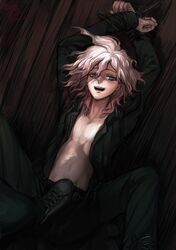 1boy blue_eyes bondage clothed danganronpa danganronpa_2:_goodbye_despair foot_on_crotch gay hands_tied hinata_hajime human human_only legs_apart looking_at_viewer male male_only nagito_komaeda on_back on_floor open_smile pale-skinned_male shadow shoe shoejob smile smiling straight_hair teasing tied tied_up twink unzipped_jacket white_hair wooden_floor yaoi