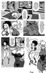 3girls anal ass black_and_white blush bodysuit breasts cleavage comic condom condom_packet_strip dialogue domino_mask dress english_text faceless_male fellatio female hero_outfit_(mha) itsuka_kendou japanese_clothes kendou_itsuka long_hair male mask mizaru momo_yaoyorozu my_hero_academia nervous open_bodysuit oral short_dress speech_bubble television text uwabami wide_hips yaoyorozu_momo