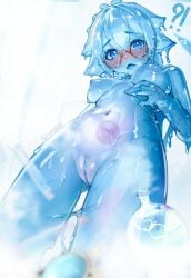 ?! ai_assisted ai_generated blue_body blue_eyes blue_hair blue_nipples blue_skin blush breasts colored_skin completely_nude completely_nude_female eyebrows_visible_through_hair female flask from_below genshin_impact glasses glistening goo_creature hand_on_chest highres implied_transformation lattekoi5252 looking_at_viewer looking_down medium_breasts monster_girl navel nipples open_mouth pussy shiny_skin short_hair simple_background slime slime_core slime_girl smoke solo standing sucrose_(genshin_impact) text transparent_body uncensored vagina