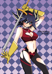 black_hair blue_eyes blush boots breasts cameltoe choker cleavage cleavage_cutout cosplay cutie_honey cutie_honey_(cosplay) elbow_gloves female female_only footwear gloves hair hairband heart human large_breasts mariru multicolored_hair rule_63 solo sword weapon yu-gi-oh! yu-gi-oh!_5d's yusei_fudo