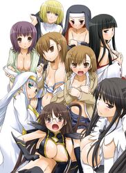 9girls agnese_sanctis bangs blunt_bangs blush bra breast_hold breasts brown_hair covering covering_breasts everyone female female_only glasses hime_cut himegami_aisa human index itsuwa japanese_clothes jpeg_artifacts kanzaki_kaori kazakiri_hyouka large_breasts lingerie long_hair miko misaka_imouto misaka_mikoto multiple_females multiple_girls nakajima_yuka nipple_slip nipples nun orsola_aquinas to_aru_kagaku_no_railgun to_aru_majutsu_no_index underwear undressing