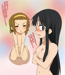 agenasu blush brown_hair bust dark_hair embarrassed female female_only flat_chest human human_only k-on! long_hair mio_akiyama_(k-on!) multiple_girls navel nervous nude panties ritsu_tainaka_(k-on!) short_hair topless translated underwear underwear_only yuri