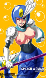 1girls armor blue_eyes blush breasts breasts_out john_joseco mega_man mega_man(classic) mermaid navel nipples solo splash_woman undressing weapon