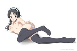 :o black_eyes black_hair black_legwear black_thighhighs blush breast_hold breasts female female_only highres human human_only k-on! komeimax long_hair lying maid_headdress mio_akiyama_(k-on!) nipples panties panty_pull simple_background solo striped striped_panties thighhighs underwear