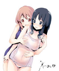 bangs black_eyes black_hair blunt_bangs blush breast_grab breasts brown_eyes brown_hair dark_hair dateya_torahachi female female_only highres hime_cut human human_only k-on! mio_akiyama_(k-on!) mokujinn multiple_girls nipples one-piece_swimsuit school_swimsuit smile swimsuit white_school_swimsuit yui_hirasawa_(k-on!)