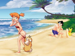 ass beach blue_eyes coppertone female kasumi_(pokemon) lucas1000 male nintendo orange_hair pikachu pokemon psyduck satoshi_(pokemon)