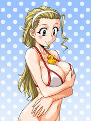 bikini blonde_hair blush breasts female girls_und_panzer large_breasts oosaka_kanagawa rubber_duck sasaki_akebi smile solo yellow_eyes