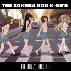 4girls album_cover barefoot black_hair blush bottomwear breasts brown_hair casual cover covering covering_breasts crosswalk embarrassed enf exhibitionism female flat_chest footwear human human_only k-on! legs long_hair mio_akiyama_(k-on!) multiple_girls nishiuri_warito outdoors pale_skin parody pasties public red_hot_chili_peppers ritsu_tainaka_(k-on!) short_hair skirt star_pasties suika_wari the_beatles tomboy topless tsumugi_kotobuki_(k-on!) yui_hirasawa_(k-on!)