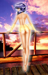 1girls back barefoot beach cloud feet female female_only ghost_in_the_shell kusanagi_motoko legs nude purple_hair short_hair slender_waist soles solo standing sunset toes veil water yuusuke_(ziyasu)