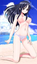 beach black_hair breasts female female_only human human_only k-on! kneeling long_hair looking_at_viewer mio_akiyama_(k-on!) nipples paheal posing public_topless solo topless topless_female