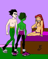 1girls 2boys alien alien_girl alien_humanoid beast_boy bed black_hair cartoon_network dc dc_comics dick_grayson erection erection_under_clothes garfield_logan green_skin human koriand'r long_hair male metahuman orange_skin panties_only partially_clothed partially_nude red_hair redhead robin_(dc) robin_(dick_grayson) scorpia shirtless shirtless_(male) short_hair spiked_hair starfire straight straight_hair superhero superheroine tamaranean teen_titans