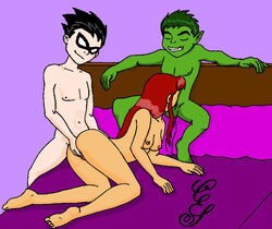 1girls 2boys alien alien/human alien_girl alien_humanoid anal_fingering beast_boy bed blowjob cartoon_network completely_nude completely_nude_female dc dc_comics dick_grayson doggy_style domino_mask fellatio green_skin human interspecies koriand'r long_hair male nude nude_female nudity orange_skin pointy_ears princess red_hair redhead robin_(dc) robin_(dick_grayson) royalty scorpia sex sharp_teeth spiked_hair starfire straight straight_hair superhero superheroine tamaranean teen_titans threesome