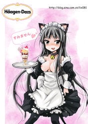 1girls alternate_costume animal_ears bell bell_collar black_eyes black_hair breastless_clothes breastless_clothing breasts casual_nudity cat_bell cat_ears collar enmaided female garters hairband hand_on_hip highres hips human_only jingle_bell k-on! long_hair maid maid_headdress mio_akiyama_(k-on!) nipples nonsexual_nudity parfait product_placement smile solo sparkle sundae tear thighhighs tray watermark zhuxiao517