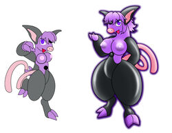 anthro breasts claws color female female_only gb_of_bs grumpig hair multiple_females multiple_girls nipples on_one_foot open_mouth pointy_ears pokemon purple_eyes purple_hair simple_background standing white_background