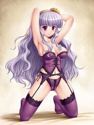 1girls amane_(funfun) armpits arms_behind arms_behind_back arms_behind_head arms_up breasts bustier feet female funfun garter_belt hairband idolmaster kneeling lace lace-trimmed_panties lace-trimmed_thighhighs lingerie long_hair navel nipples panties purple_eyes purple_panties shijou_takane silver_hair smile solo thighhighs underwear