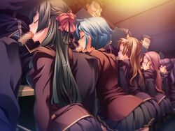 5girls black_hair blonde_hair blue_hair blush book brown_hair censored closed_eyes daisaimin_ranko_gakuen:_mitai_kensa fellatio game_cg hair_ribbon hikage_eiji kneeling long_hair multiple_girls oral orgy penis ponytail purple_hair reading school_uniform shoes short_hair sitting skirt smile tied_hair twintails