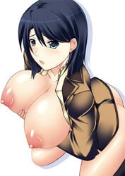 black_hair bottomless breast_hold breasts huge_breasts kanako_miyamae kneeling kuronezumi large_breasts maria_holic miyamae_kanako nipples no_bra open_mouth short_hair