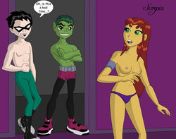 1girls 2boys abs alien alien_girl alien_humanoid beast_boy breasts_exposed cartoon_network dc dc_comics dick_grayson domino_mask garfield_logan green_eyes green_skin human imminent_sex koriand'r long_hair male medium_breasts orange_skin panties_only partially_nude pointy_ears red_hair redhead robin_(dc) robin_(dick_grayson) scorpia sharp_teeth shirtless shirtless_(male) spiked_hair starfire straight straight_hair superhero superheroine tamaranean teen_titans underwear_only