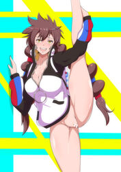 1girls bottomless breasts brown_hair censor_bar censored female gotcha! gotcha!_girl_(pokemon) kurisutorisu leg_hold leg_up long_hair nintendo pokemon pussy splits thick_thighs thighs twintails vertical_splits yellow_eyes