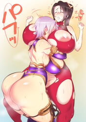 2girls areolae ass big_ass big_breasts breasts brown_hair dark_hair female female_only huge_breasts isabella_valentine japanese_text large_areolae large_ass large_breasts long_hair machineswine motorboating multiple_girls musk purple_hair ripped_clothing short_hair soul_calibur sweat taki thick_ass thick_thighs thong thunder_thighs