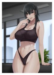 1girls abs belly black_hair brown_eyes cleavage damegane erect_nipples female finger_to_mouth fit fit_female huge_breasts looking_at_viewer navel original sports_bra thong voluptuous wide_hips