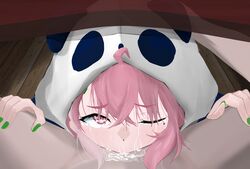 animal_hood crying fellatio female green_nails hoodie male nail_polish nijisanji one_eye_closed pink_eyes pink_hair pov sasaki_saku straight tears under_the_table virtual_youtuber yamadaba