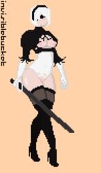 blindfold breasts female invisiblebucket nier:_automata nier_(series) nipples pixel_art pussy solo stockings torn_clothes white_hair yorha_2b