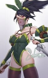 akali assassin black_hair bunny_costume bunny_ears bunny_tail bunnysuit citemer corset elbow_gloves female female_only front_view knife league_of_legends medium_breasts narrowed_eyes tattoo thighhigh_muffin_top thighhighs thong weapon