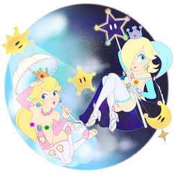 2girls alternate_costume alternate_version_available blonde_hair blue_eyes breasts cyan_eyes goddess_rosalina_(awesomeerix) grand_star mario_(series) nintendo parasol power_moon princess_peach princess_rosalina rasenxoru shine_sprite star_censor super_mario_galaxy super_mario_odyssey super_mario_sunshine tagme