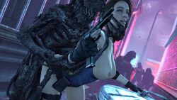 1girls 3d 3d_(artwork) 4boys 4k alley ambiguous_penetration areolae bent_over breasts brown_hair capcom female fog gun holding_arm holding_head holding_neck holding_weapon interspecies jill_valentine jill_valentine_(sasha_zotova) looking_back molded molded_(resident_evil) monster neon_lights nipples poster resident_evil resident_evil_3 resident_evil_3_remake resident_evil_7 restrained scathachalter source_filmmaker