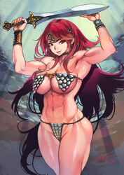 1girls abs arms_above_head arms_up barbarian belly belly_button biceps bikini chainmail chainmail_bikini f.s. female headband holding_weapon large_breasts long_hair looking_at_viewer muscular_arms muscular_female muscular_thighs navel red_eyes red_hair red_sonja red_sonja_(comics) skimpy skimpy_armor smile smiling sword underboob very_long_hair voluptuous warrior wristband