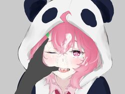 animal_hood cum facial female finger_in_mouth hoodie male nijisanji one_eye_closed open_mouth pink_eyes pink_hair pov sasaki_saku straight virtual_youtuber yamadaba