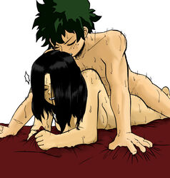 amano44 bed black_hair clenching_sheets closed_eyes completely_nude completely_nude_female completely_nude_male doggy_style freckles green_hair hair_down izuku_midoriya laying_down laying_on_bed long_hair momo_yaoyorozu muscular_male my_hero_academia partners prone_bone red_sheets sheet_grab simple_background sweat sweatdrop white_background