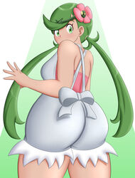 1girls ass eye_contact female female_only flower flower_in_hair green_eyes green_hair high_resolution kiteman442 looking_at_viewer looking_back mallow_(pokemon) nintendo pokemon pokemon_sm sideboob solo thick_ass thick_thighs thighs twintails