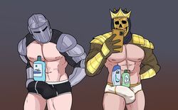 2boys abs armor ball_bulge bara boxers boxers_only briefs clothed erection gay hellonearthiii helmet looking_at_another male male_only mask masked medieval_armour muscles muscular_male original_character partially_clothed pecs penis_bulge posing shampoo_bottle shampoo_challenge showing_off skimpy_armor skimpy_clothes smooth_skinned_male softcore taking_picture thick_thighs underwear