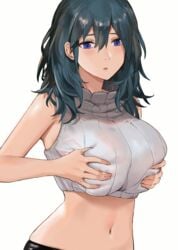 1girls alternate_costume bangs bare_arms bare_midriff bare_shoulders black_hair blue_eyes breast_hold breasts byleth_(fire_emblem) byleth_(fire_emblem)_(female) crop_top female female_protagonist fire_emblem fire_emblem:_three_houses hair_between_eyes huge_breasts j@ck lactation lactation_through_clothes large_breasts long_hair navel nintendo self_fondle simple_background solo stomach sweater teal_hair upper_body white_background