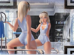 ass black_lipstick blue_eyes cameltoe clothed dc dc_comics hairband kara_danvers kara_zor-el lipstick mirror mirror_image naftosaur platinum_blonde_hair reflection sleeveless small_breasts supergirl unitard