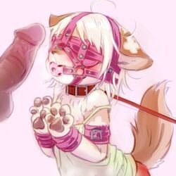 1:1 2017 anthro ball_gag blindfold blush bodily_fluids bondage brown_fur canine clothing collar cotora cub disembodied_penis domestic_dog drooling duo erection faceless_male female female_focus fur furry gag hair harness_ball_gag karin_nazuna kemono leash loose_clothes male mammal muzzle_(object) nipples partially_clothed pawpads paws penis saliva solo_focus spank_marks standing white_hair wrist_cuffs young