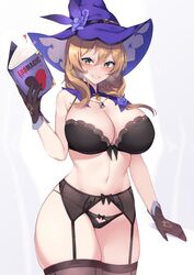 big_breasts black_underwear blush book brown_hair female_only genshin_impact gloves green_eyes kuavera lisa_(genshin_impact) looking_at_viewer solo thick_thighs underwear witch_hat