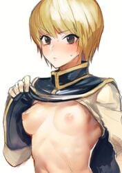 1girls blonde_hair blush breasts echigoya_takeru female female_kurapika female_only genderswap_(mtf) hunter_x_hunter kurapika nipples no_bra rule_63 short_hair simple_background solo sweat white_background